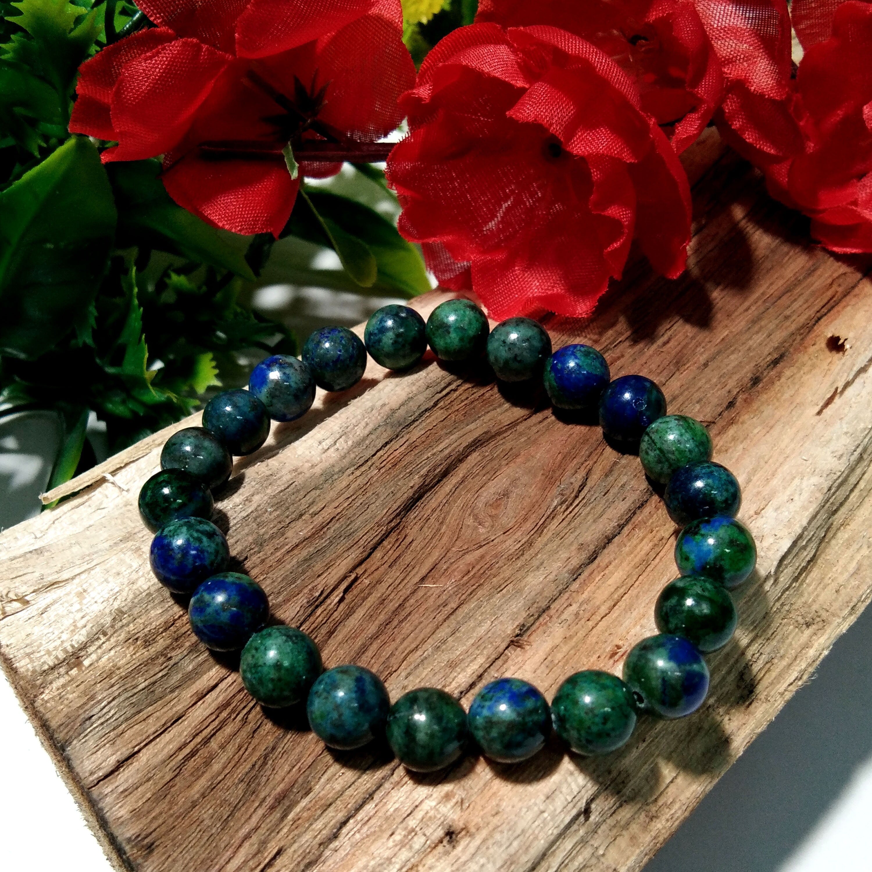 Azurite Malachite Gemstone Bracelet, Friendship Bracelet, Healing Crystal Beaded Bracelet, Men & Women Round Bracelet Size 8x8 mm Stone